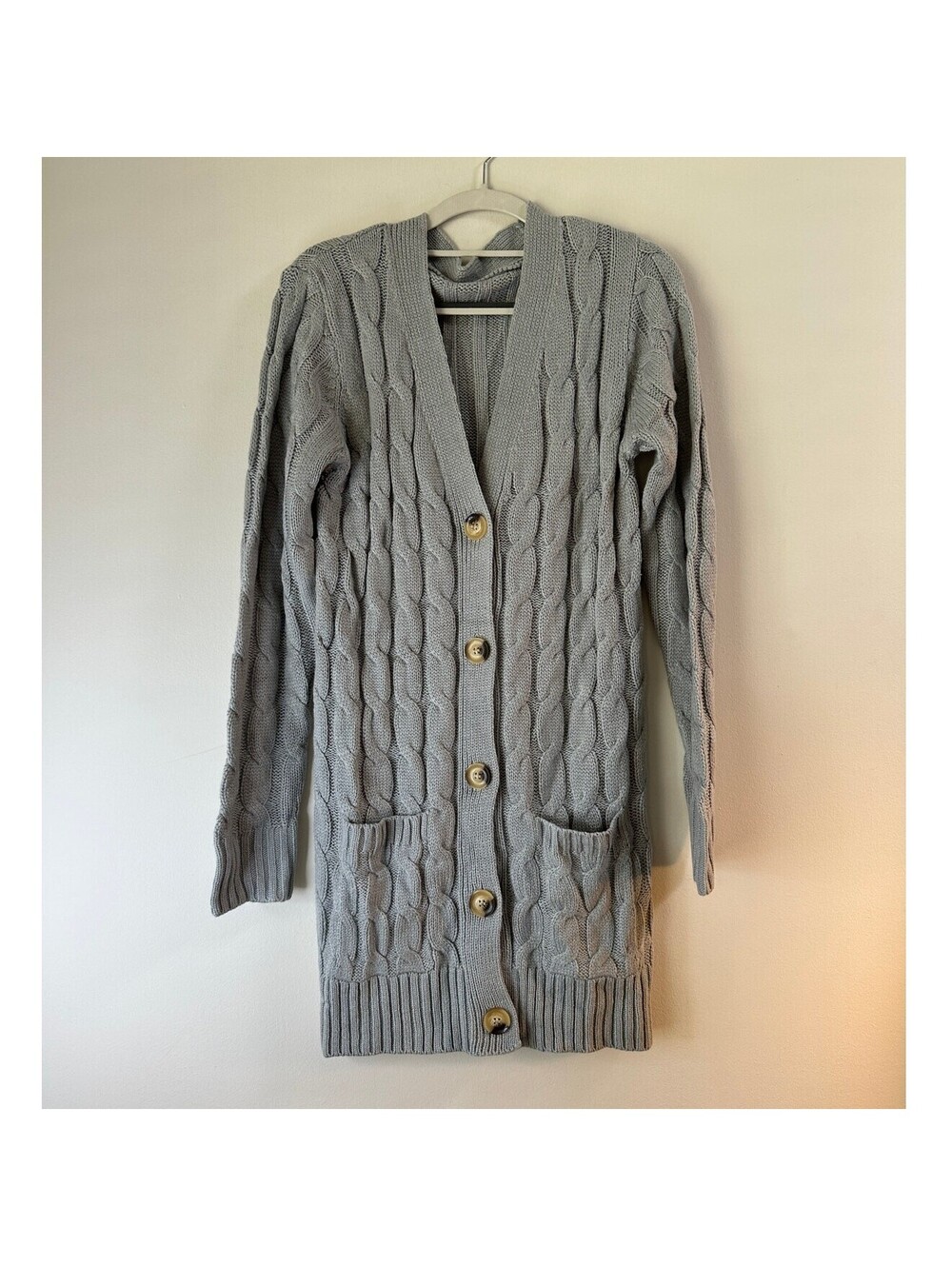 Womens S Gray Cable Knit Long Cardigan Sweater Button Front Pockets Chunky